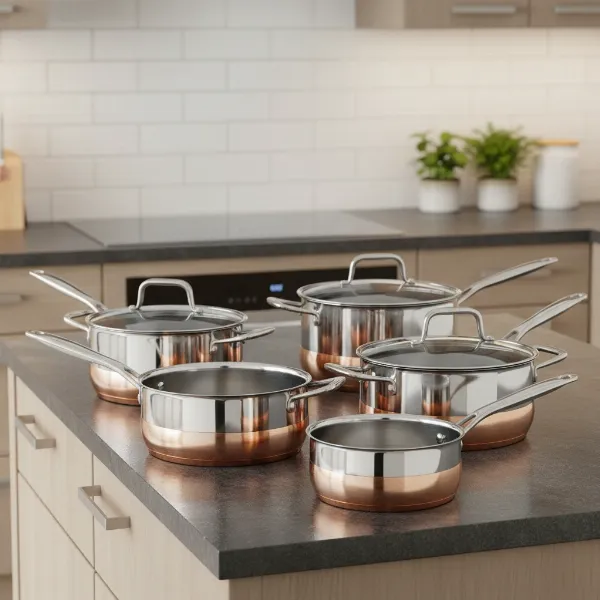 Anolon Nouvelle Copper Stainless Steel cookware set showcasing its elegant, tulip-shaped design and polished finish