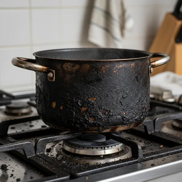 Burnt stainless steel pot on a stove with charred food, showing the challenge of cleaning.