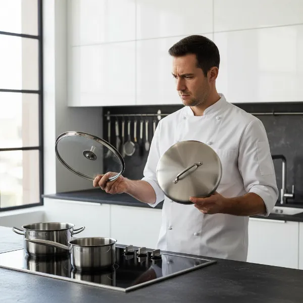 Chef choosing between glass and stainless steel lids