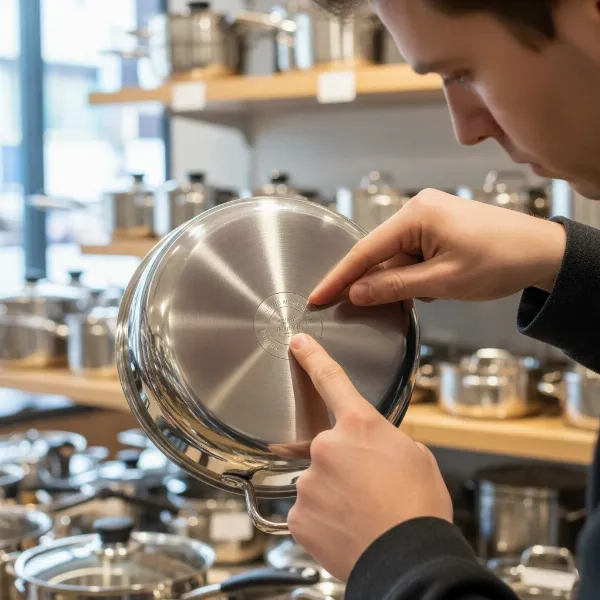 Person examining details of a cookware set in a store, focusing on labels and quality