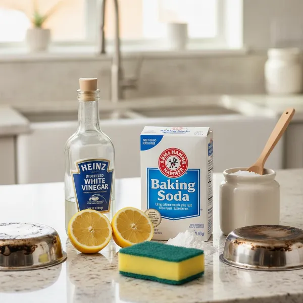 Various household ingredients for cleaning burnt stainless steel pots arranged on a kitchen counter.