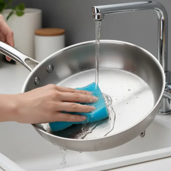 Person cleaning a Duxtop Whole-Clad Tri-Ply Stainless Steel pan