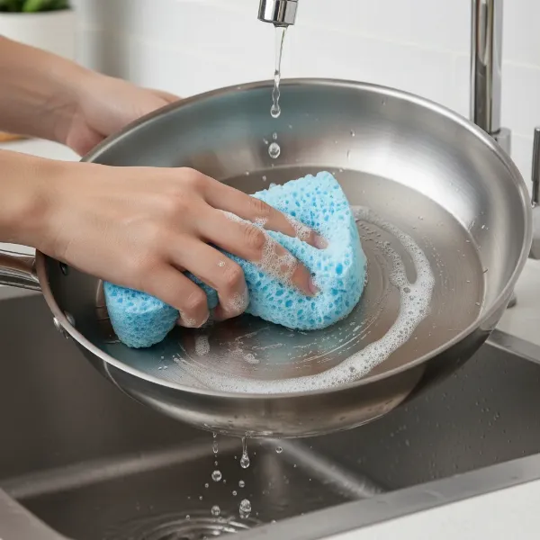 Hands gently cleaning a stainless steel pan with a soft sponge, illustrating proper care