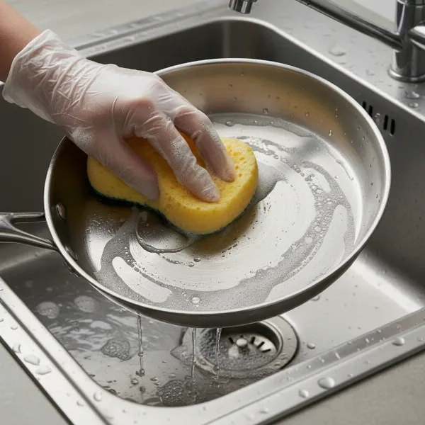 A hand cleaning a stainless steel pan with a soft sponge and soapy water, illustrating maintenance tips.