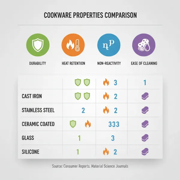 Infographic comparing features of safe cookware materials with icons for durability and heat