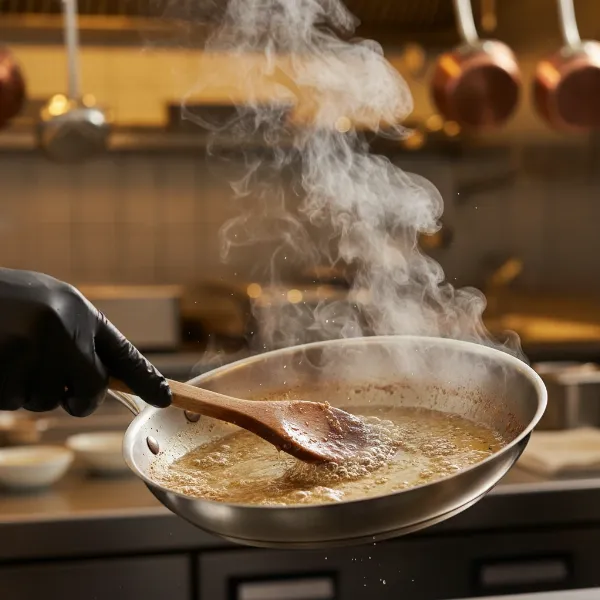 A chef demonstrating the deglazing technique in a stainless steel pan, scraping fond with a wooden spoon as liquid sizzles, emphasizing the creation of a perfect pan sauce.