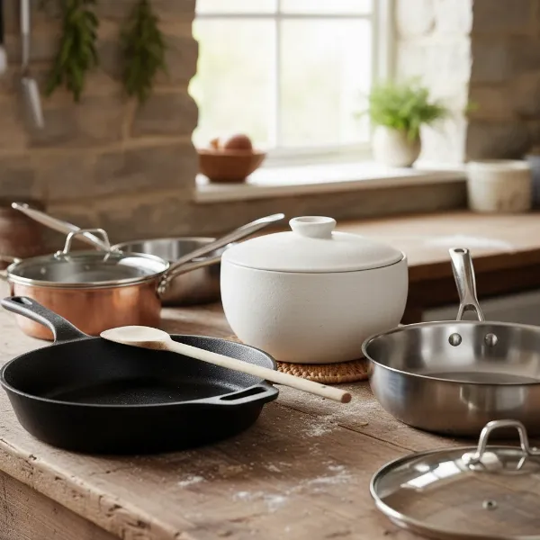 Assortment of safe cookware materials like ceramic, stainless steel, and cast iron on a kitchen counter