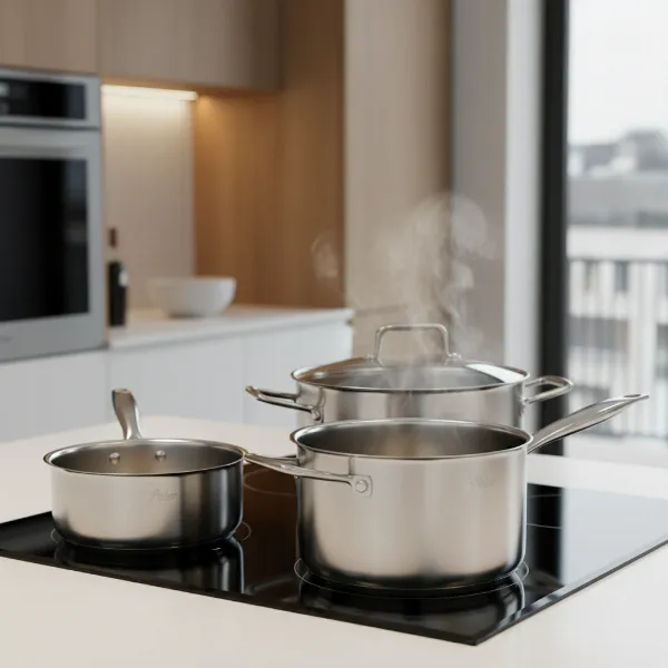 A gleaming Fissler Original-Profi Collection stainless steel pot set on an induction hob, highlighting its ergonomic handles and tight-fitting lids.