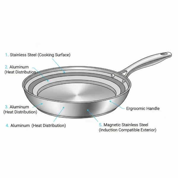 Cross-section illustration of fully clad cookware, showing multiple layers of stainless steel and aluminum extending from the base to the rim.