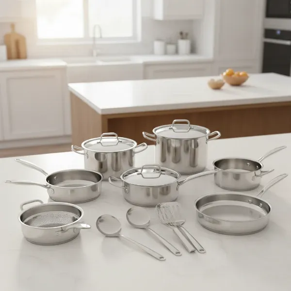 A complete Gibson Home 12-piece stainless steel cookware set with tempered glass lids and utensils, displayed in a modern kitchen setting.