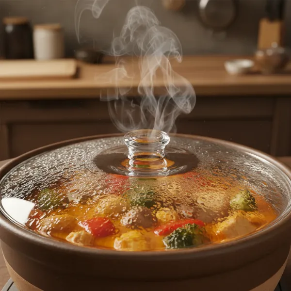 Glass pot lid showing food cooking inside