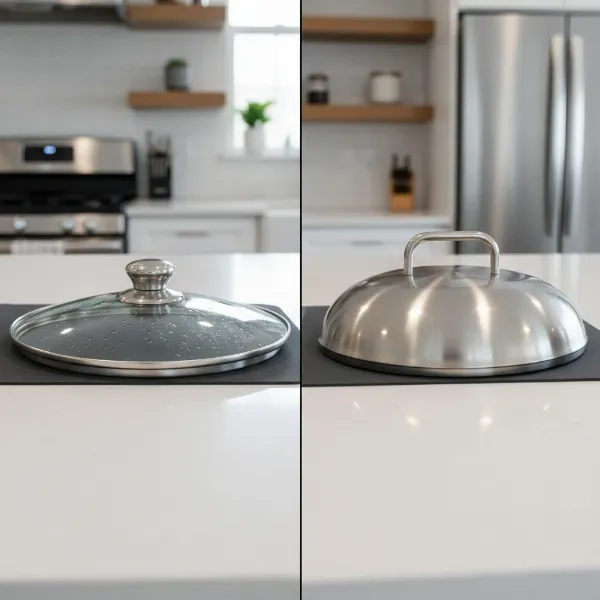 Comparing glass and stainless steel pot lids on a kitchen counter