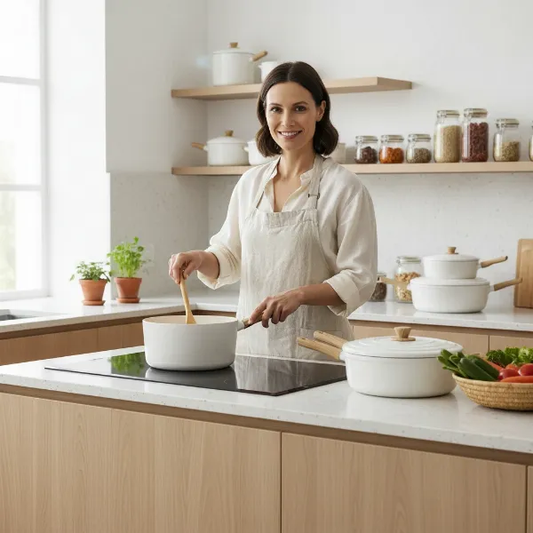 Woman cooking with modern, non-toxic cookware in a bright, clean kitchen, emphasizing safety and health benefits