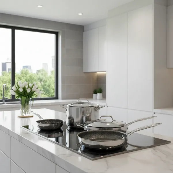 A HexClad cookware set neatly arranged in a modern kitchen, highlighting the unique hexagonal pattern.