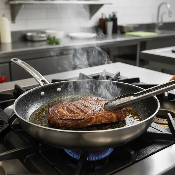 HexClad hybrid pan perfectly searing a steak with even browning and minimal sticking