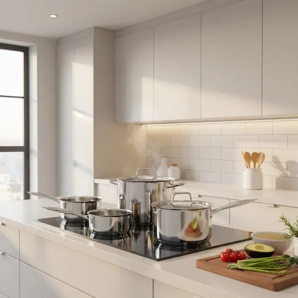 A clean and modern kitchen featuring a Homichef nickel-free stainless steel cookware set on an induction stovetop, with steam rising from a pot.