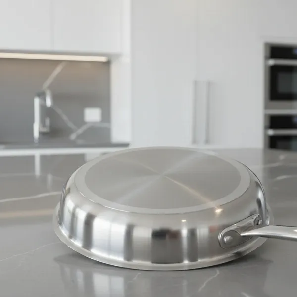 Close-up of an impact bonded cookware base, showing a thick aluminum disc fused to the bottom of a stainless steel pan, against a kitchen background.