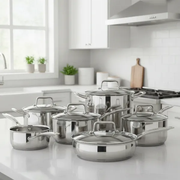 KitchenAid 5-Ply Clad Stainless Steel Cookware set beautifully displayed in a modern kitchen, showcasing its polished finish and heavy-duty design