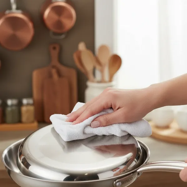 A close-up of a hand polishing a Winco stainless steel pan with a soft cloth, showing a gleaming surface.