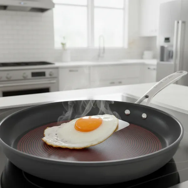 Close-up of an egg perfectly cooking on an Emeril Lagasse Forever Pan's non-stick surface, demonstrating easy release.