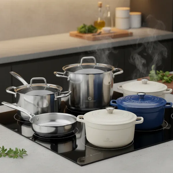 Elegant set of high-quality stainless steel or ceramic pots and pans on a stovetop