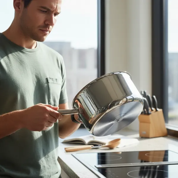 A person examining a stainless steel pot, focusing on the quality of its handle and base, illustrating the selection process for high-temperature oven-safe cookware.