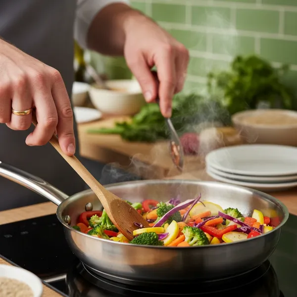 A close-up of a chef cooking vegetables in a shiny stainless steel pan, emphasizing healthy and safe cooking without chemical leaching.