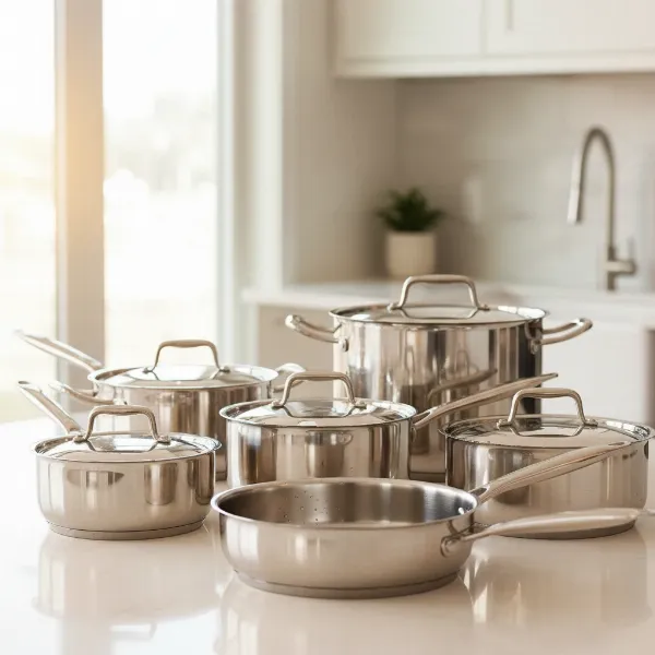 An array of shiny stainless steel pots and pans on a modern kitchen counter, highlighting their durability and versatile design for cooking.
