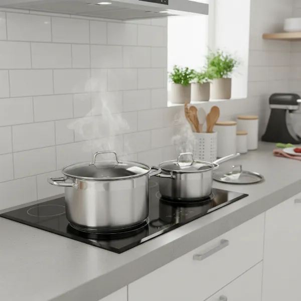 A glossy stainless steel pot set on an induction stovetop, illustrating the benefits of even heating and modern design for new cooks