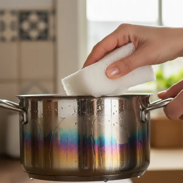 A person applying white vinegar to a discolored stainless steel pot with a soft sponge, demonstrating the cleaning process for heat tint.