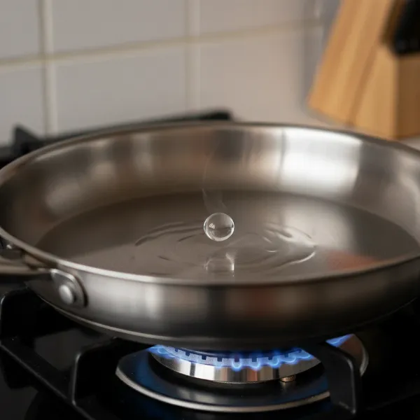 A stainless steel pan on a stove with a single, perfectly dancing water bead illustrating the Leidenfrost effect for non-stick cooking.