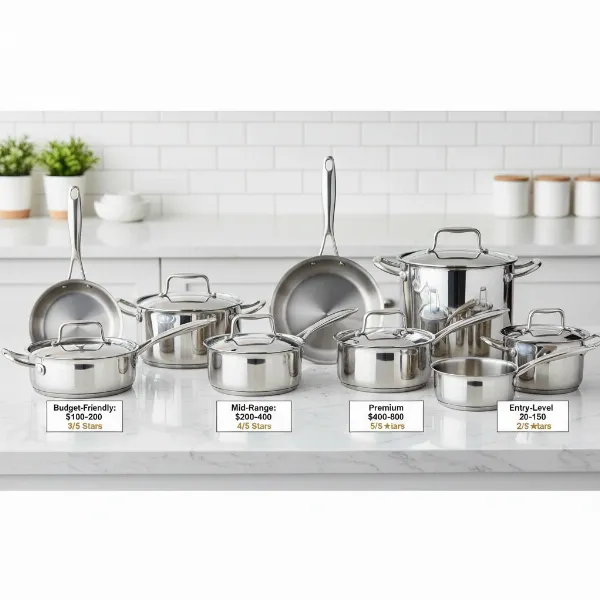 A side-by-side comparison of different starter stainless steel cookware sets, highlighting their features and price points for new cooks