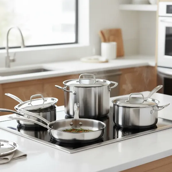 Viking Professional 5-Ply Stainless Steel Cookware set on an induction cooktop in a modern kitchen, with steam rising from a pan, showing elegant design and active use.